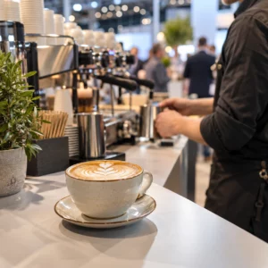 Profesjonalny barista przygotowujący kawę na stoisku targowym – mobilny bar kawowy na targi